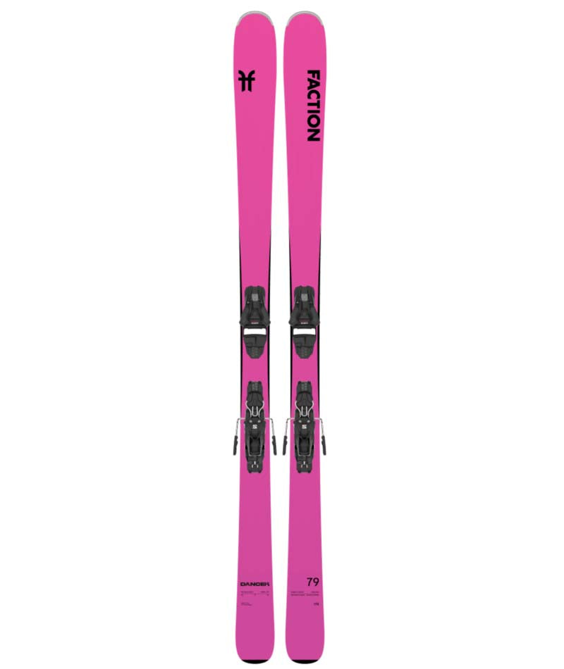Dancer79SYS- Pink Faction skis with bindings on a white background