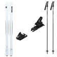Dancer79TIw_Strive12-A ski bundle featuring a pair of white Faction skis, black ski bindings, and two black ski poles on a plain white background.
