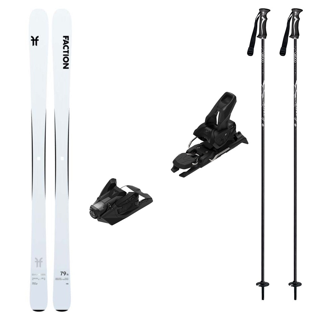 Dancer79TIw_Strive12-A ski bundle featuring a pair of white Faction skis, black ski bindings, and two black ski poles on a plain white background.