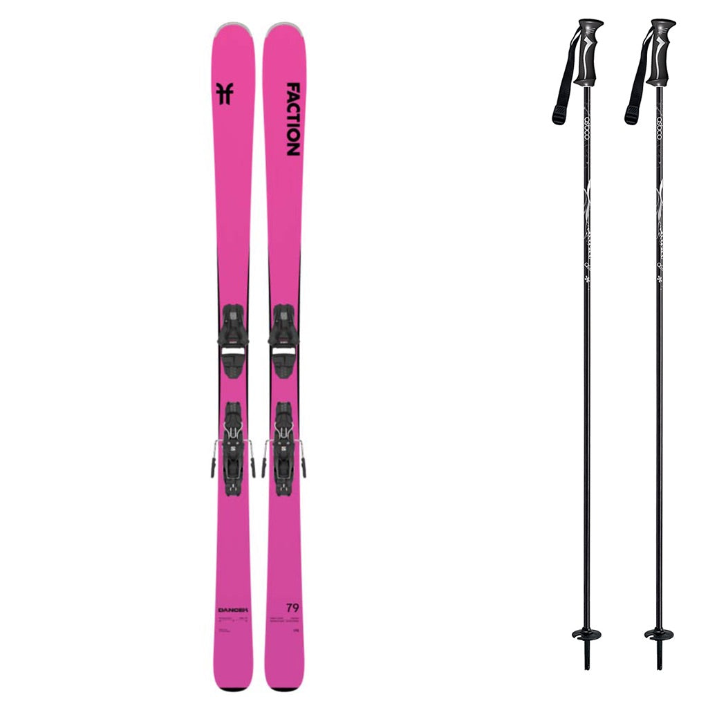 Dancer79w_Strive13SystemBinding-A pair of pink skis and two black ski poles on a plain white background.