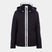 DaniellaStretchJacket-A black hooded ski jacket with a prominent white vertical stripe running down the front zipper area, shown on a light gray background.