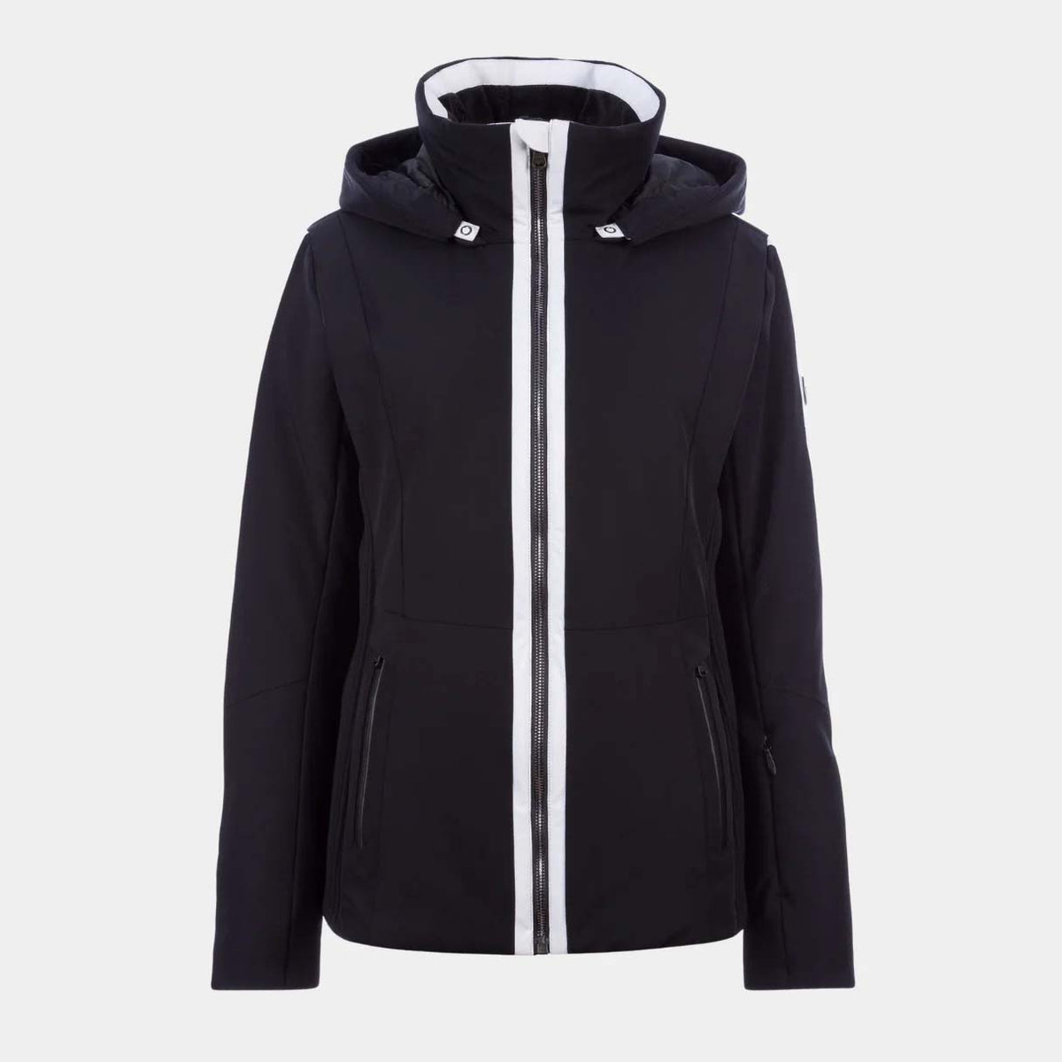 DaniellaStretchJacket-A black hooded ski jacket with a prominent white vertical stripe running down the front zipper area, shown on a light gray background.