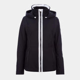 DaniellaStretchJacket-A black hooded ski jacket with a prominent white vertical stripe running down the front zipper area, shown on a light gray background.