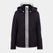 DaniellaStretchJacket-A black hooded ski jacket with a prominent white vertical stripe running down the front zipper area, shown on a light gray background.