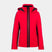 DaniellaStretchJacket-A bright red hooded jacket with black side panels and a black center zipper, shown against a light gray background.