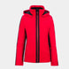 DaniellaStretchJacket-A bright red hooded jacket with black side panels and a black center zipper, shown against a light gray background.