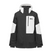 DaumyJacket- A colorblock hooded jacket in black, white, and gray, featuring a vertical zippered chest pocket with a logo on the left side, shown against a plain white background.