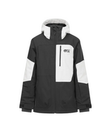 DaumyJacket- A colorblock hooded jacket in black, white, and gray, featuring a vertical zippered chest pocket with a logo on the left side, shown against a plain white background.