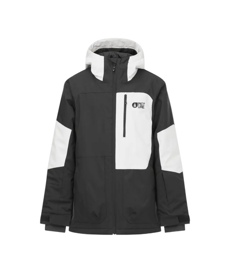 DaumyJacket- A colorblock hooded jacket in black, white, and gray, featuring a vertical zippered chest pocket with a logo on the left side, shown against a plain white background.