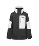 DaumyJacket- A colorblock hooded jacket in black, white, and gray, featuring a vertical zippered chest pocket with a logo on the left side, shown against a plain white background.