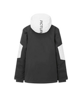 DaumyJacket- A colorblock hooded jacket in black, white, and gray, featuring a vertical zippered chest pocket with a logo on the left side, shown against a plain white background.