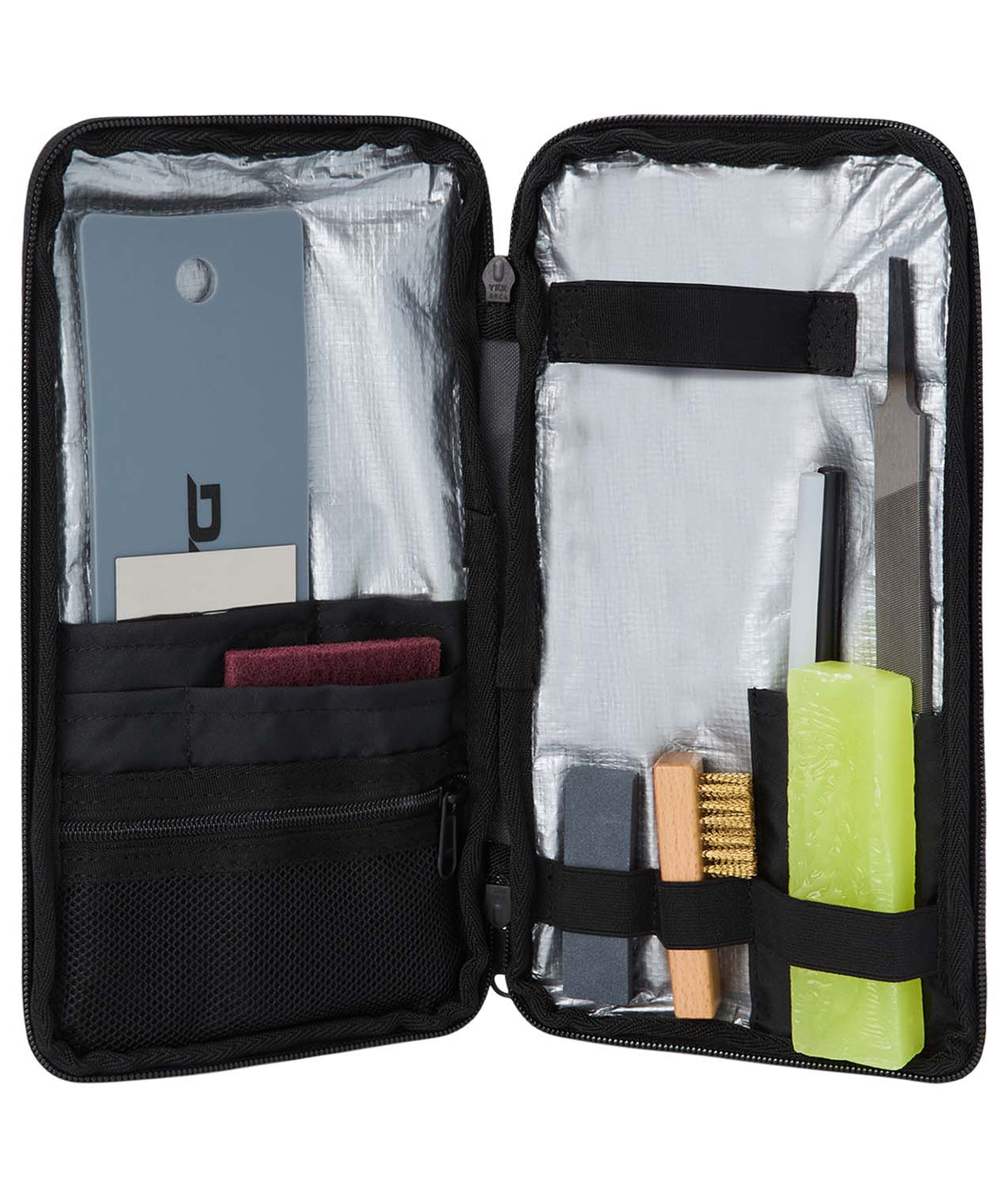 DeluxeTuningKit- Open black travel case with tuning tools including a brush, file, wax, and scraper white background