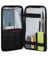 DeluxeTuningKit- Open black travel case with tuning tools including a brush, file, wax, and scraper white background
