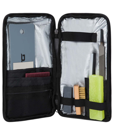 DeluxeTuningKit- Open black travel case with tuning tools including a brush, file, wax, and scraper white background