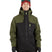 DescentJacket-A man wearing a colorblock snowboard jacket in olive green and black, paired with a red knit beanie, green-tinted ski goggles, and black gloves, against a plain white background.