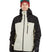 DescentJacket-A man wearing a black and off-white ski jacket with black gloves, a red knit beanie, and ski goggles, photographed against a solid white background.