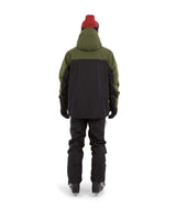 DescentJacket-A man wearing a colorblock snowboard jacket in olive green and black, paired with a red knit beanie, green-tinted ski goggles, and black gloves, against a plain white background.