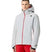 DescenteInsulatedMJacket- Person wearing a light gray jacket with red accents on a white background