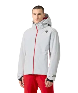 DescenteInsulatedMJacket- Person wearing a light gray jacket with red accents on a white background