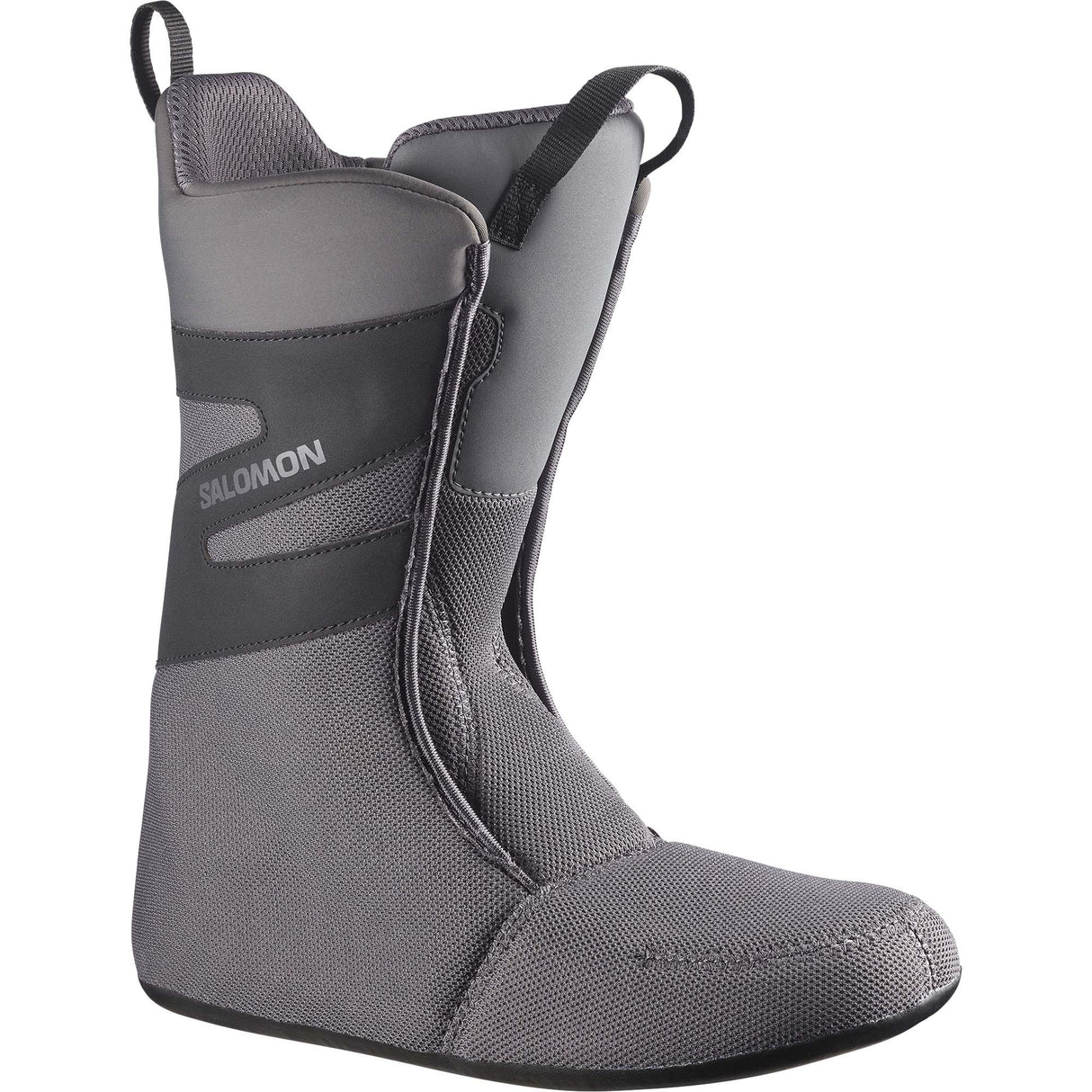 Dialogue- Black snowboard boot with Salomon branding on a white background