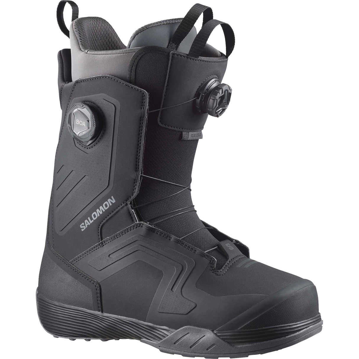 Dialogue- Black snowboard boot with Salomon branding on a white background