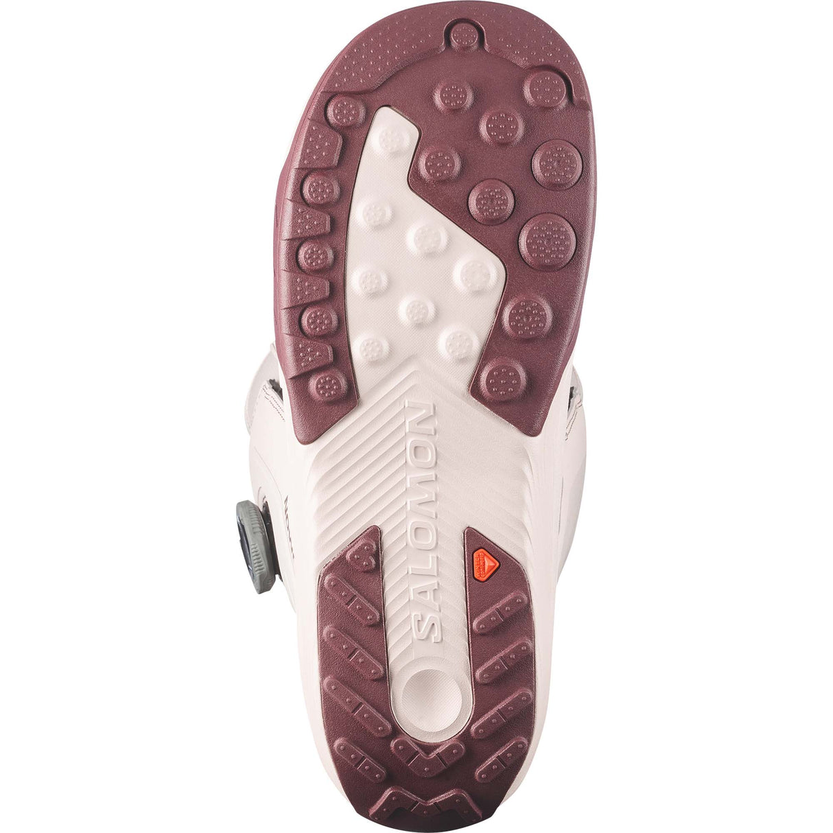 Dialogue- Cream snowboard boot with maroon accents shown on a white background