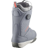 DialogueDualBOATeam- A Salomon snowboard boot in gray and black with a dial closure system and a small orange Salomon logo, shown against a plain white background.