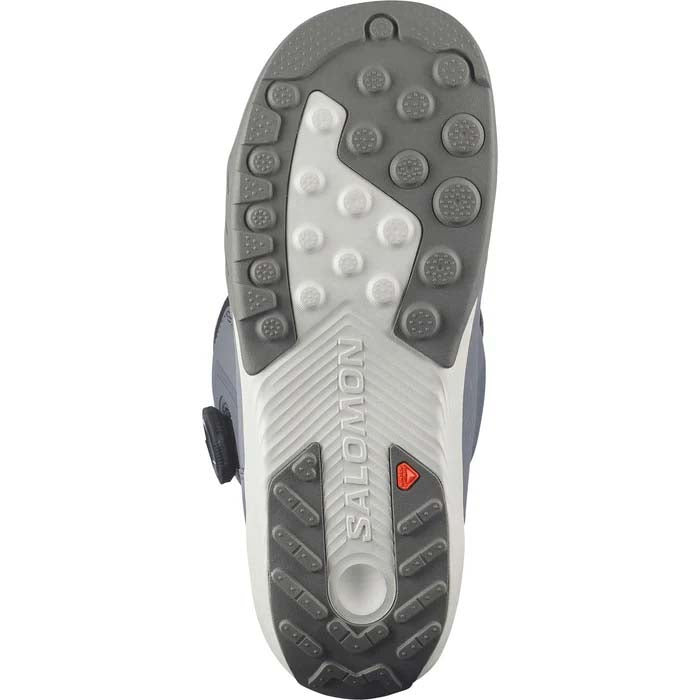DialogueDualBOATeam- A Salomon snowboard boot in gray and black with a dial closure system and a small orange Salomon logo, shown against a plain white background.
