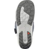 DialogueDualBOATeam- A Salomon snowboard boot in gray and black with a dial closure system and a small orange Salomon logo, shown against a plain white background.