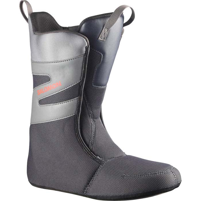 DialogueDualBOATeam- A Salomon snowboard boot in gray and black with a dial closure system and a small orange Salomon logo, shown against a plain white background.