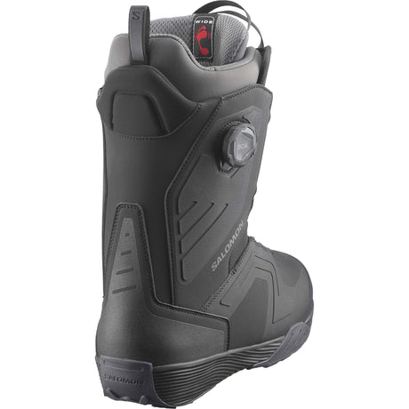 DialogueWide- Black snowboard boot with Salomon branding on a white background
