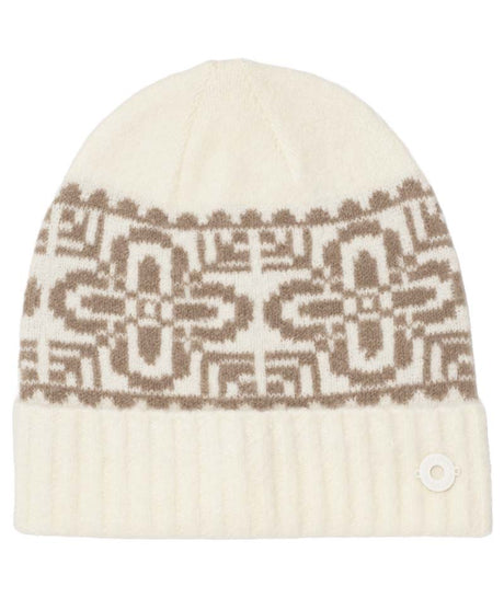 DisaBeanie-White knit beanie with brown geometric pattern on a white background