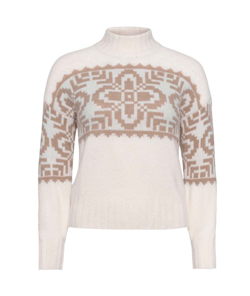 DisaKnit-White sweater with brown geometric pattern on a white background