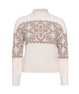 DisaKnit-White sweater with brown geometric pattern on a white background