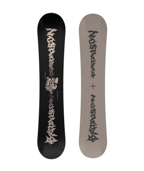 Disaster- Two views of a snowboard, one black and one beige, with a brand logo on a white background.