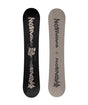 Disaster- Two views of a snowboard, one black and one beige, with a brand logo on a white background.