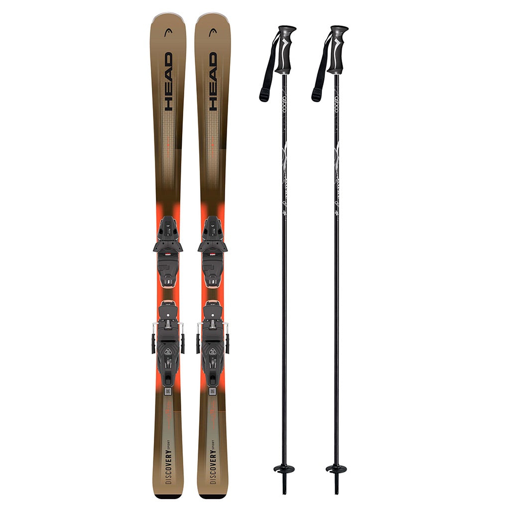 Discovery78Sportw_PR11System- A pair of skis and two ski poles on a plain white background. The skis are brown with orange accents and black bindings, and the poles are black with white branding.
