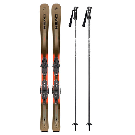Discovery78Sportw_PR11System- A pair of skis and two ski poles on a plain white background. The skis are brown with orange accents and black bindings, and the poles are black with white branding.