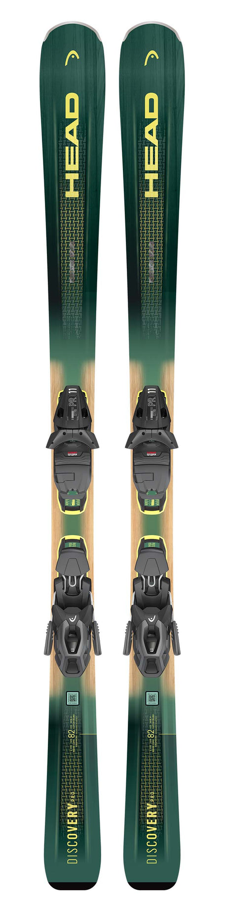 Discovery82ProEvoPR11- Green skis with black bindings on a white background