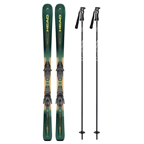 Discovery82Prow_ProtectorEVOPR11-A pair of head skis in green and gold with black bindings, shown next to two black ski poles on a plain white background.