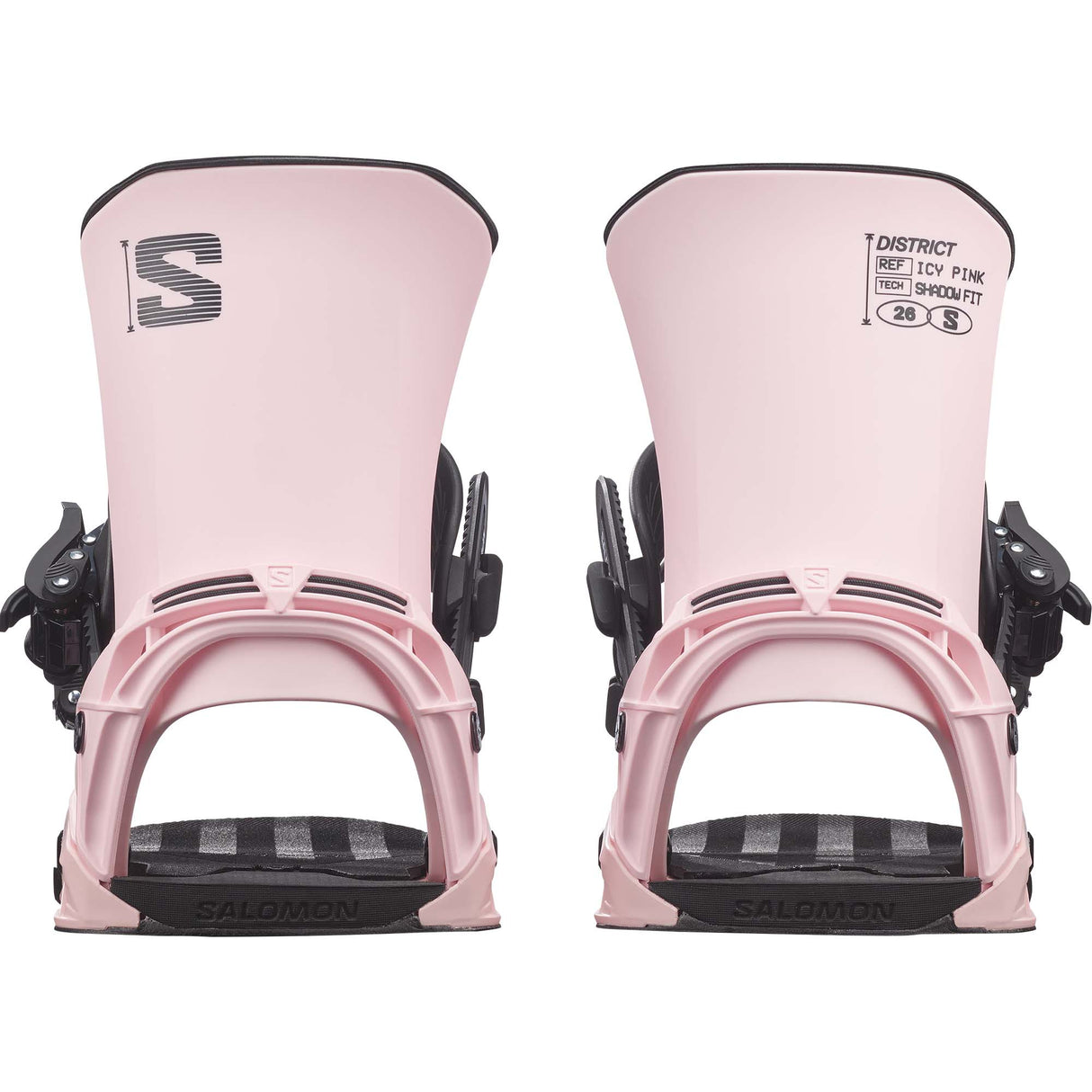 District-Pair of pink snowboard bindings on a white background