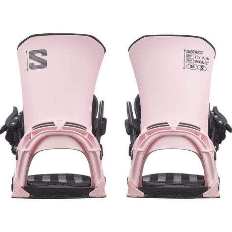 District-Pair of pink snowboard bindings on a white background