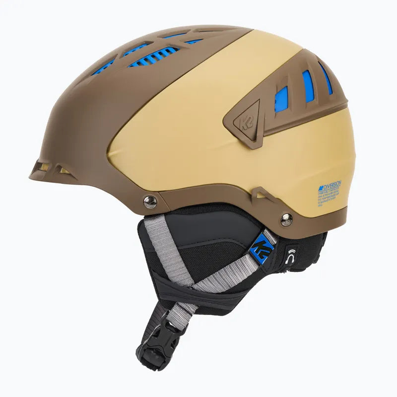 Diversion-Brown and beige helmet with blue accents on a white background