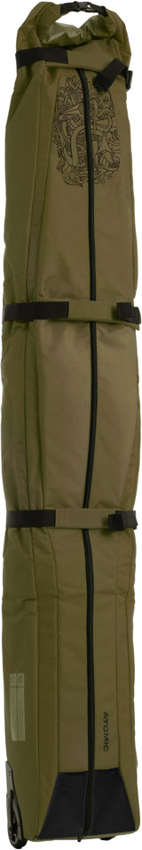 DoubleSkiWheelie-Green ski bag with black accents on a white background