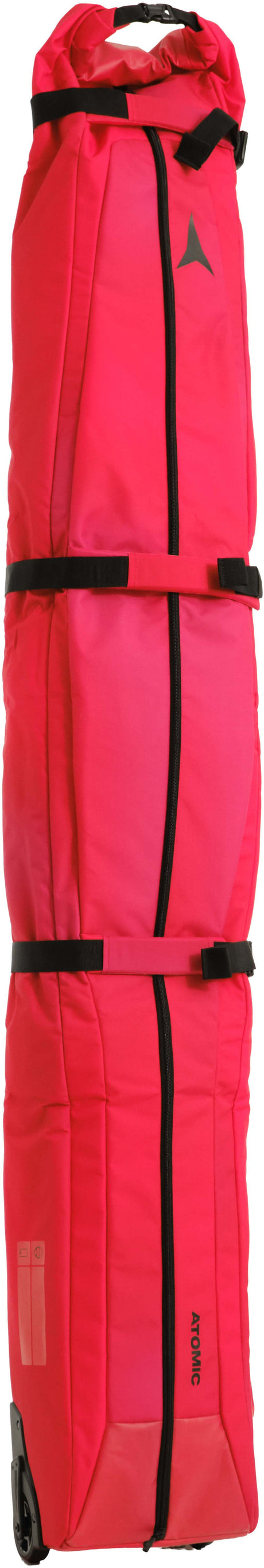 DoubleSkiWheelie-Red ski bag with black accents on a white background