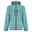 DriftTechFleeceHoodie-Teal jacket with black zippers on a white background