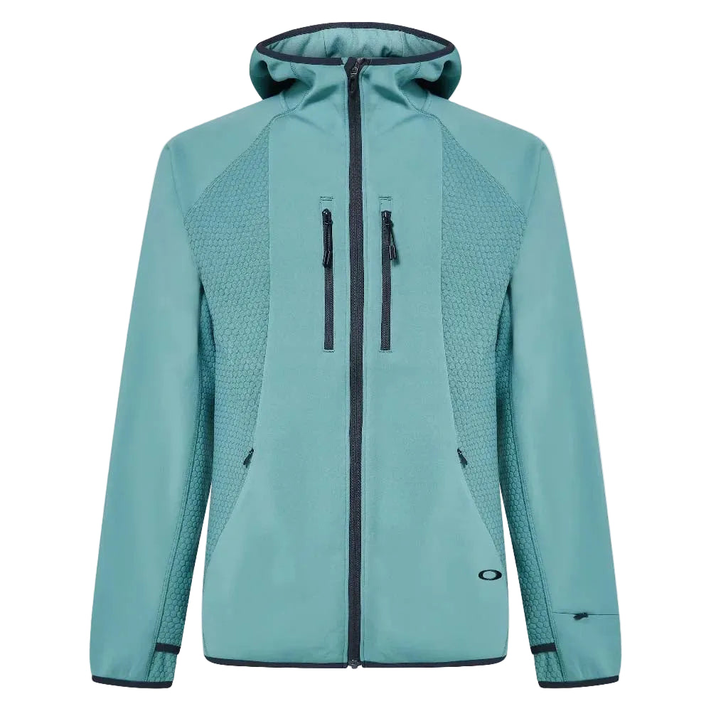 DriftTechFleeceHoodie-Teal jacket with black zippers on a white background