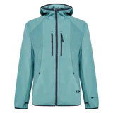 DriftTechFleeceHoodie-Teal jacket with black zippers on a white background