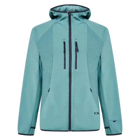 DriftTechFleeceHoodie-Teal jacket with black zippers on a white background