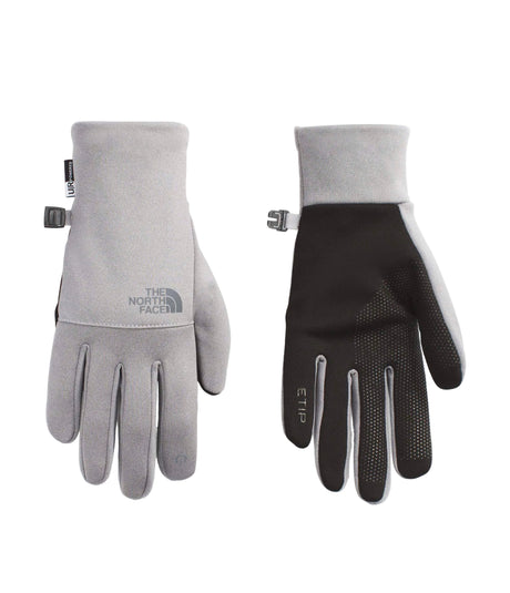 E-TipRecycledGlove- Pair of gray and black gloves with The North Face logo on a white background